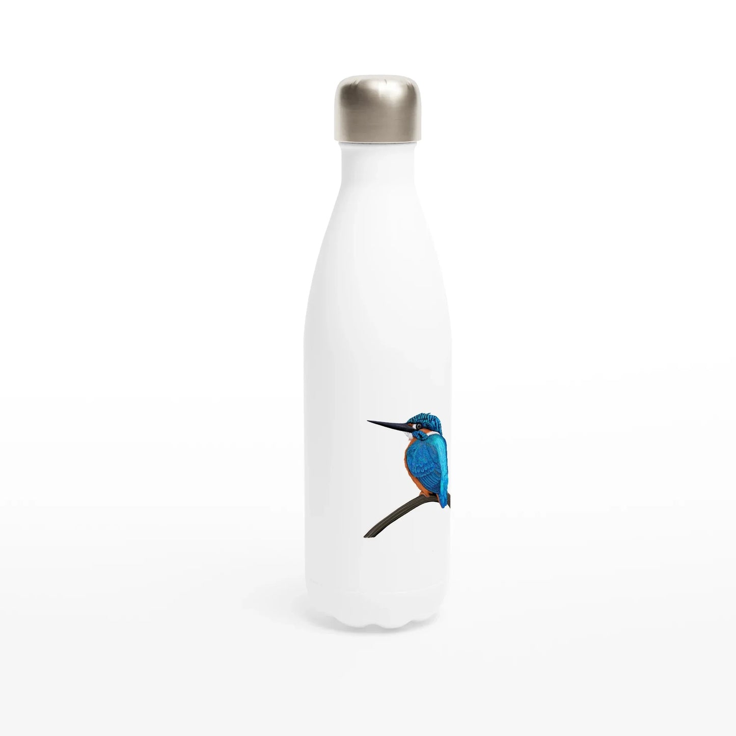 White water bottle with vibrant kingfisher bird illustration perched on branch, wildlife art design