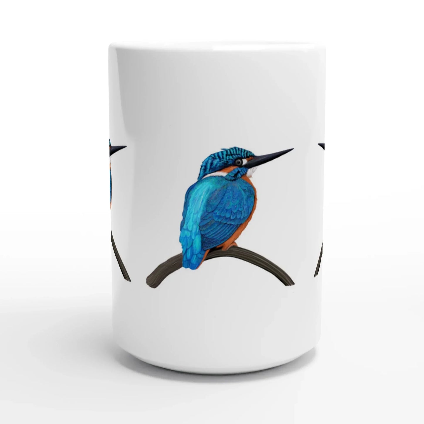 Vibrant kingfisher bird perched on branch, wildlife art on white ceramic mug