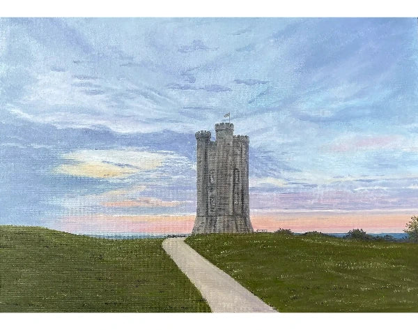 A painted landscape scene showing a tall stone tower on a grassy hill, with a path leading up to it under a cloudy blue sky with soft pink and yellow light near the horizon.