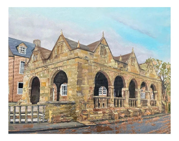 A painted street scene showing a large historic stone building with arched openings and a covered porch, alongside another brick building, under a pale blue sky.