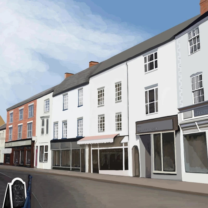 A stylized illustration of a row of white and red brick townhouse storefronts along a street under a blue sky with light clouds.