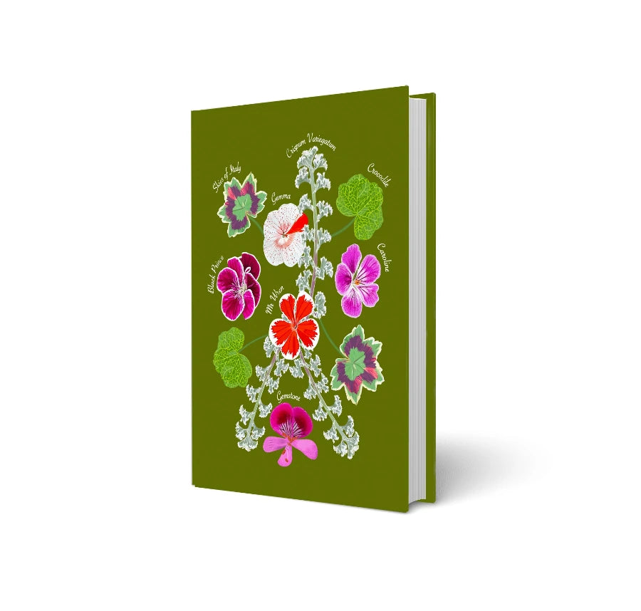 Vibrant botanical illustration notebook with colorful flowers and labeled varieties on olive green cover