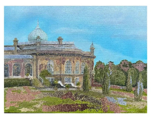A textured impressionist-style painting of a grand villa with a green dome, surrounded by lush gardens and trees under a bright blue sky.