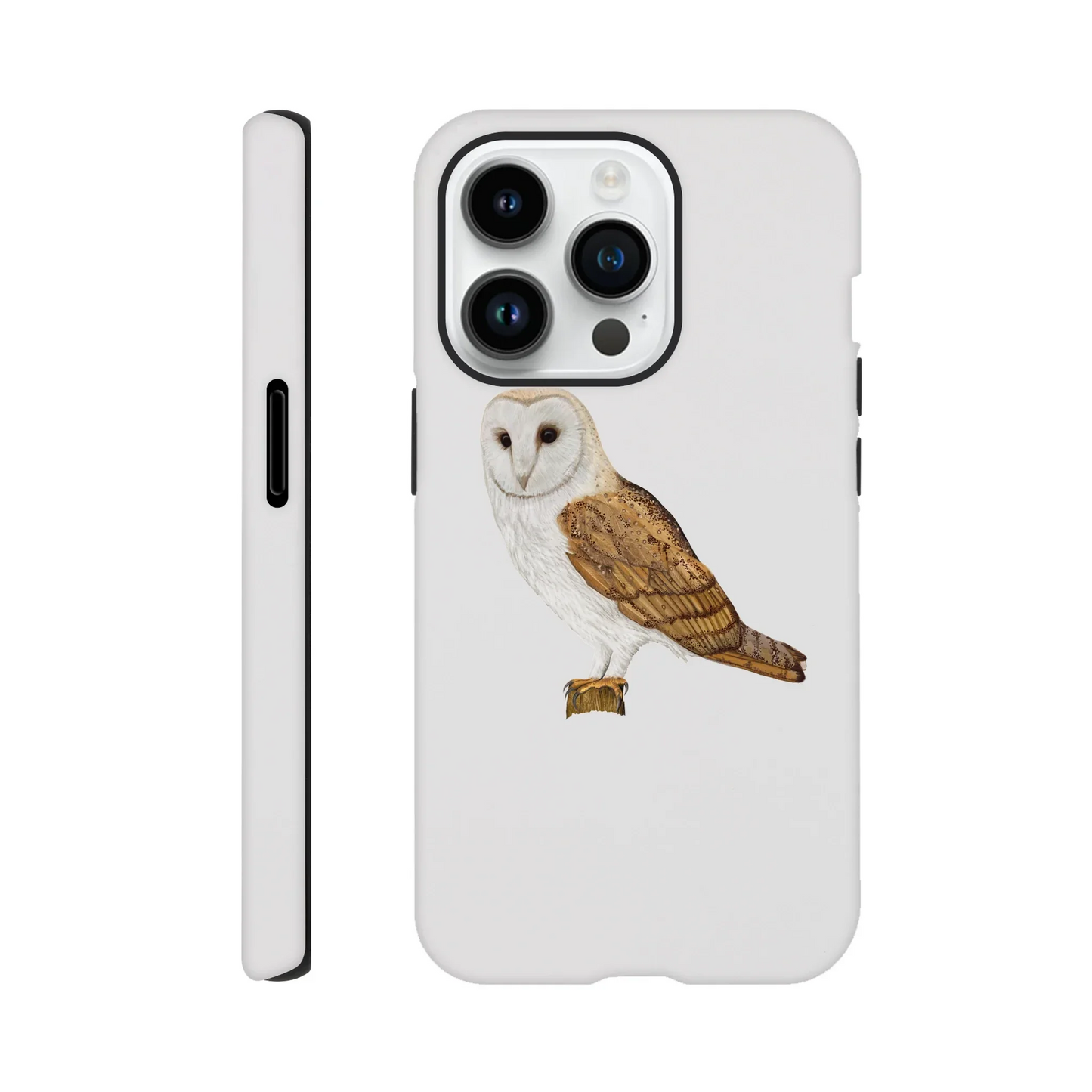 Barn owl illustration on white phone case, wildlife art design