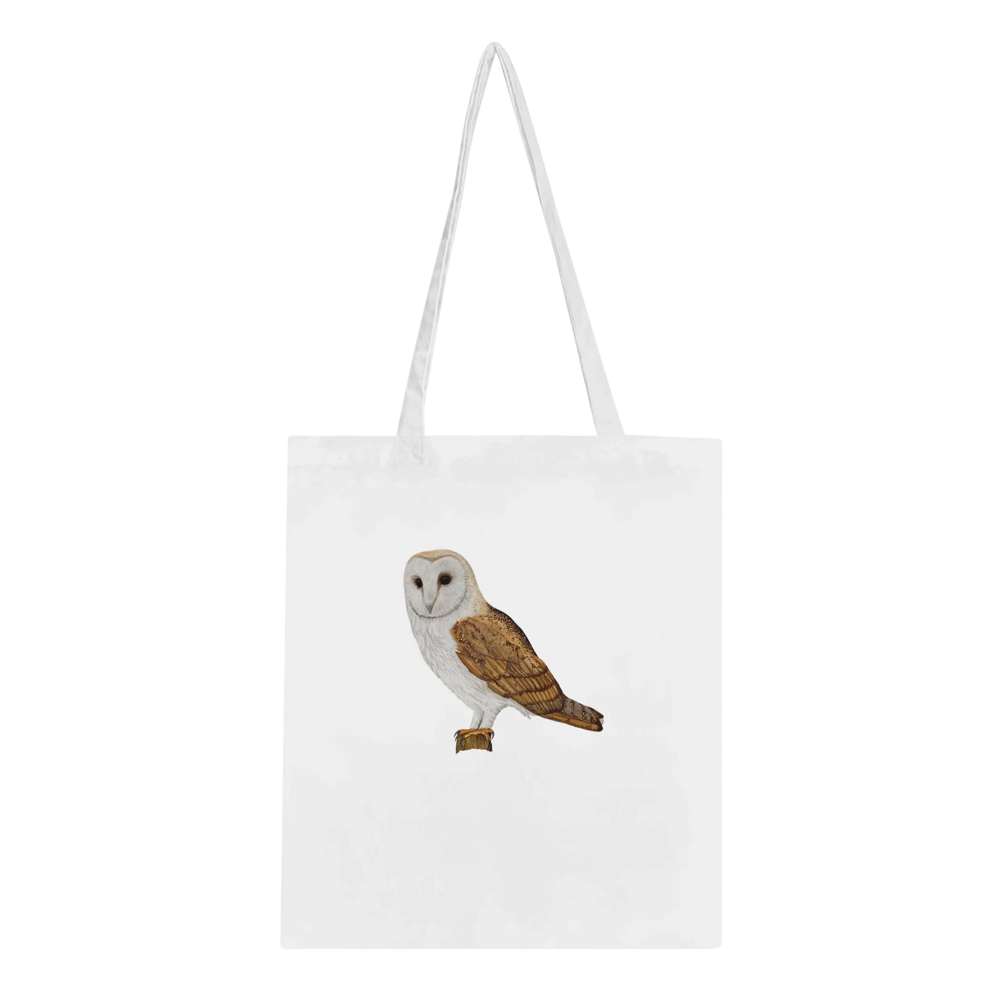 White tote bag featuring a detailed barn owl illustration, wildlife art design for nature lovers