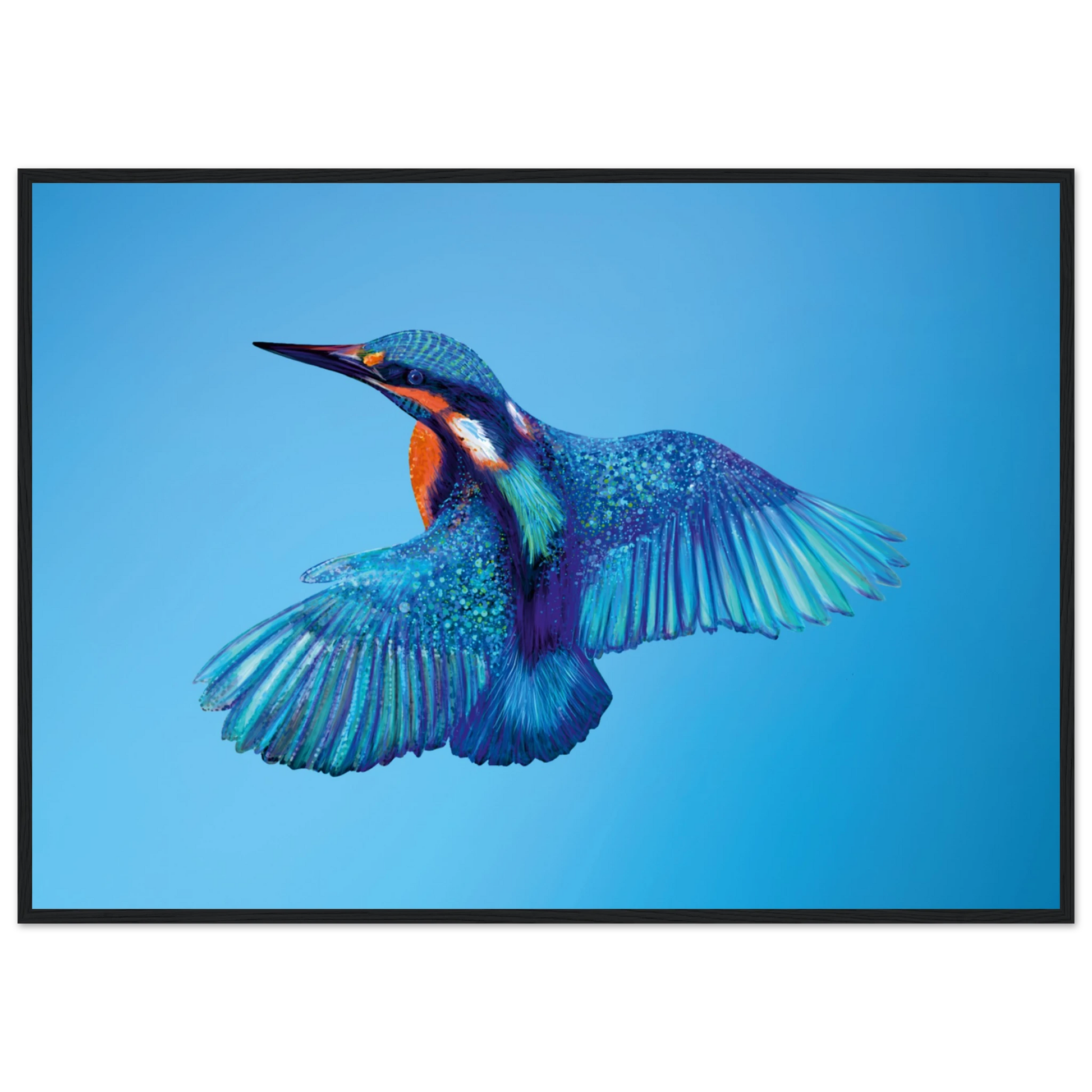 Vibrant kingfisher in flight with blue and orange feathers against a clear sky