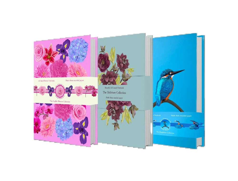 A5 lined notebooks featuring floral & kingfisher artwork, recycled paper, vibrant botanical & wildlife designs