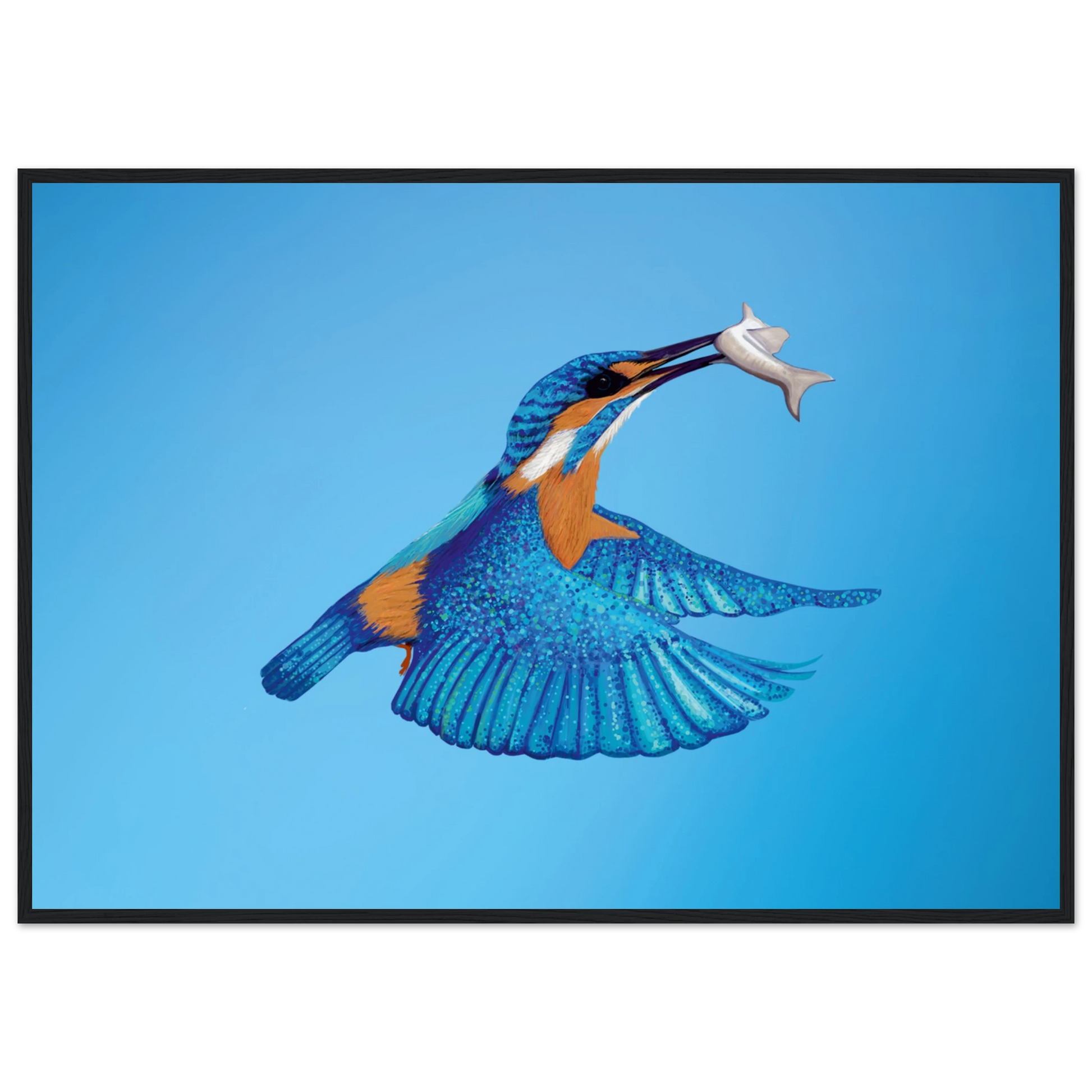 Vibrant blue kingfisher in flight with fish, wildlife art by Cathy Whittall