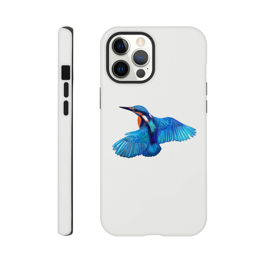 Vibrant blue kingfisher in flight on white phone case, wildlife art design