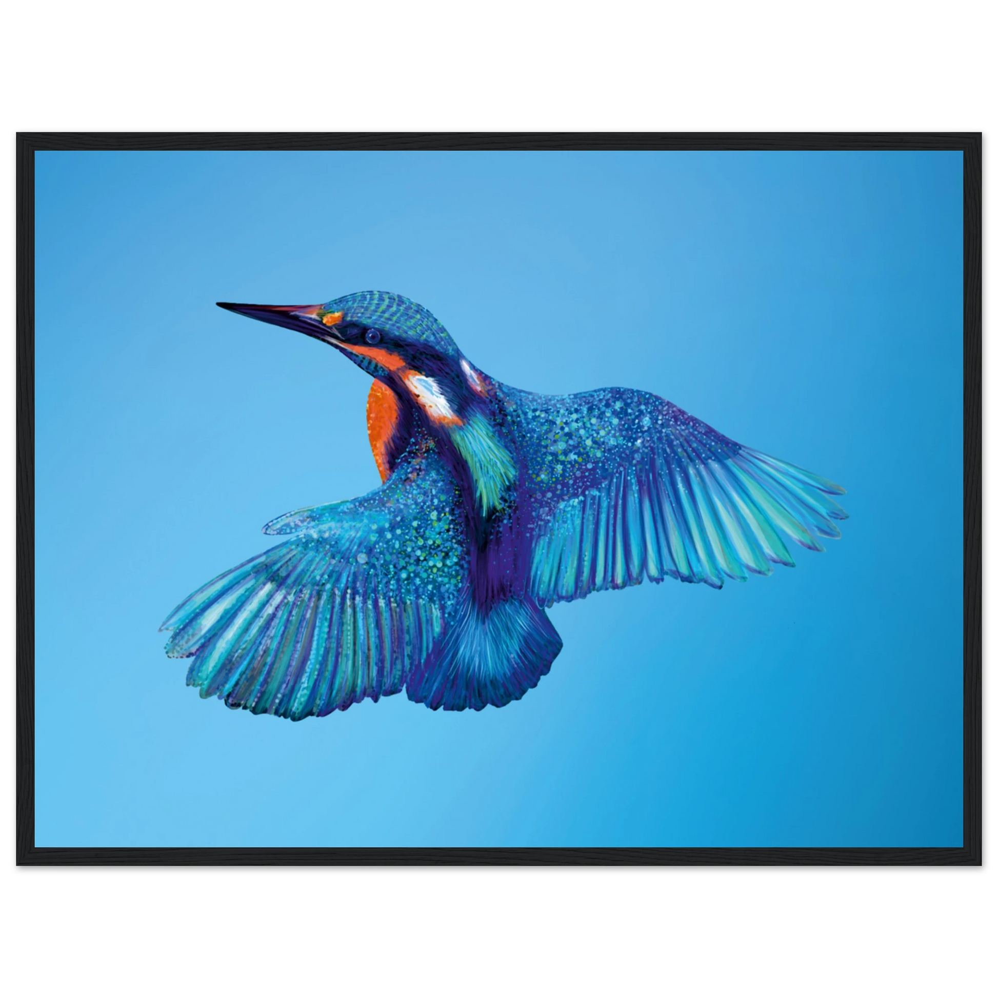 Vibrant kingfisher in flight, colorful wildlife art against blue sky