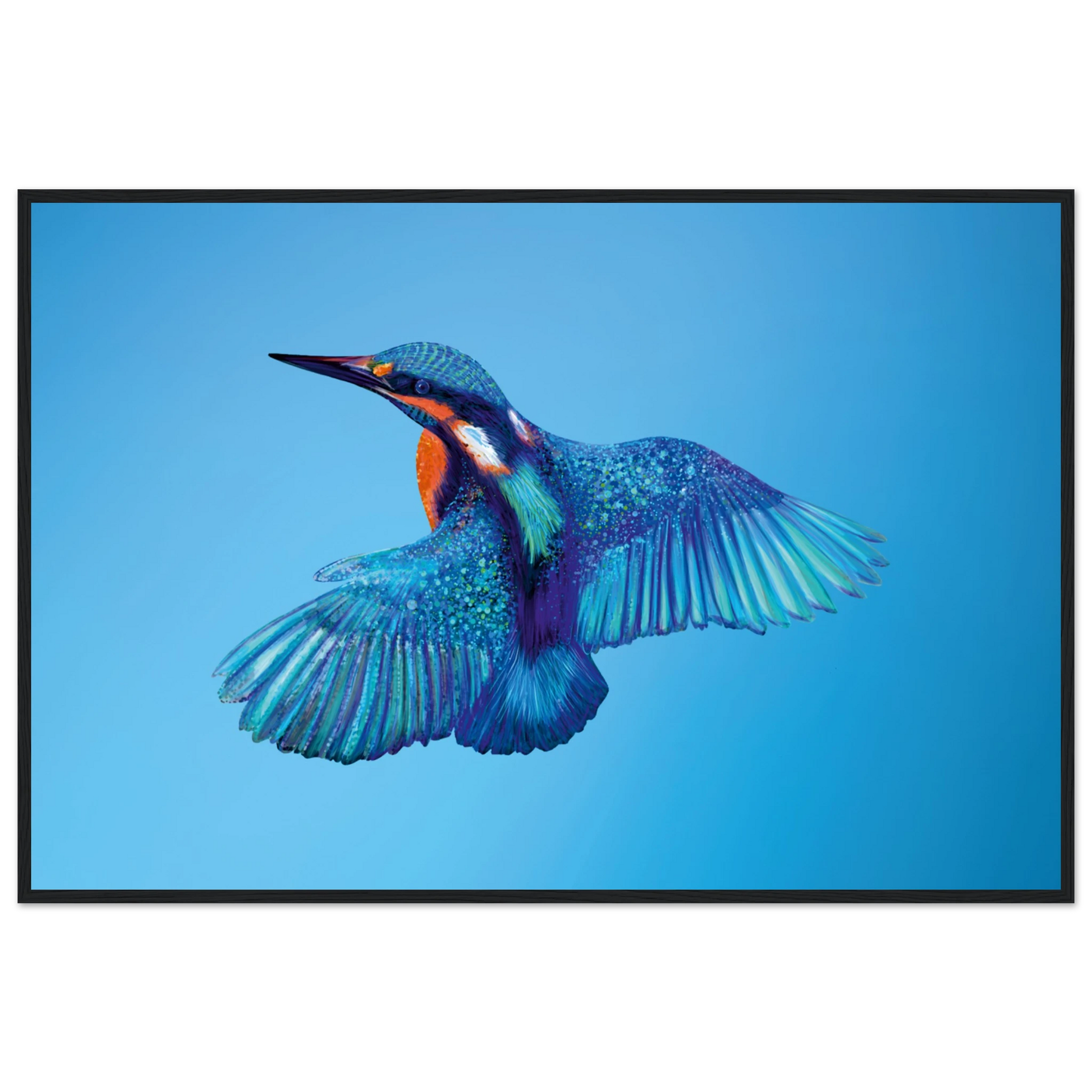 Vibrant kingfisher in flight, colorful digital artwork with blue gradient background