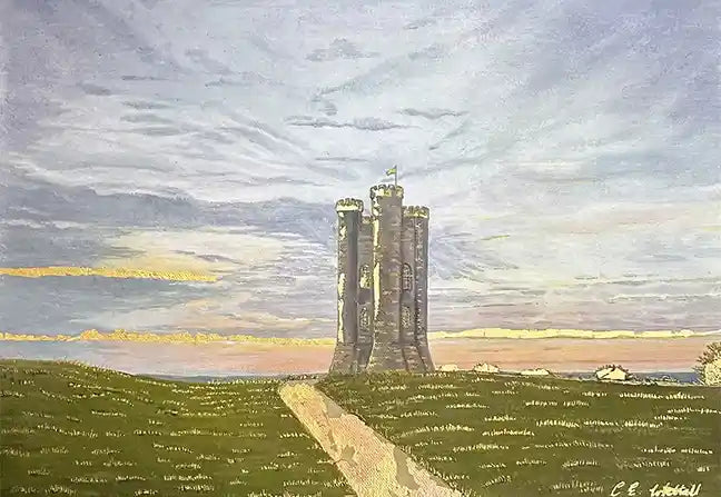 A painted landscape scene showing a tall stone tower on grassy ground under a cloudy sky, with a path leading toward the tower. The artwork fills the frame, and there is a signature in the lower right corner.