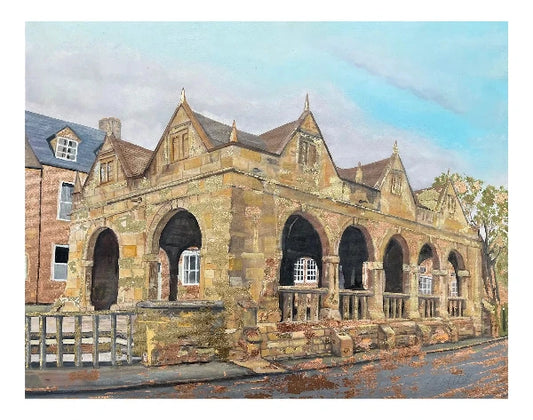 A painted street scene showing a large historic stone building with arched openings and a covered porch, alongside another brick building, under a pale blue sky.