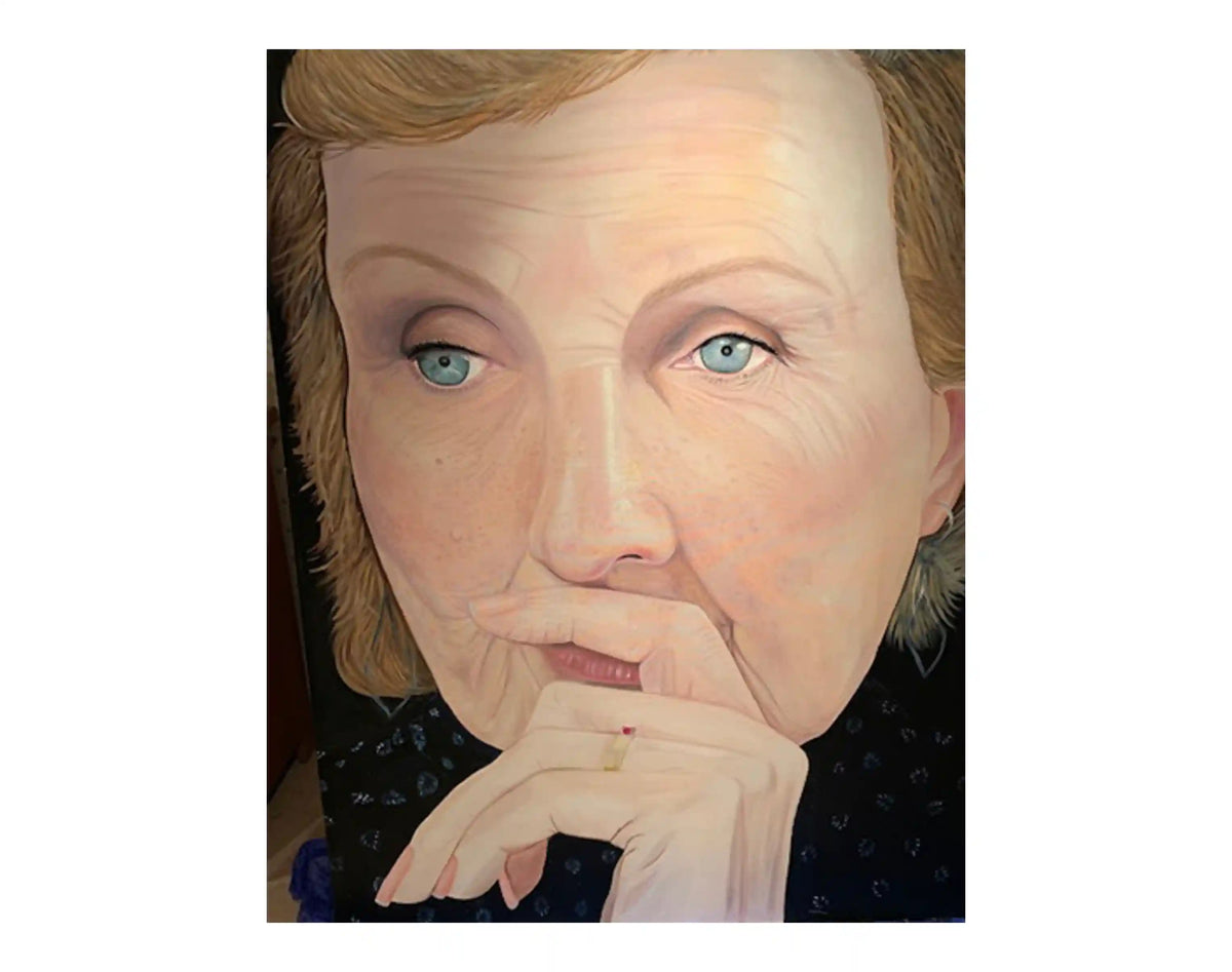 A close-up portrait painting of a woman with light blue eyes, fair skin, and short blonde hair, shown against a dark background with a white border around the artwork.