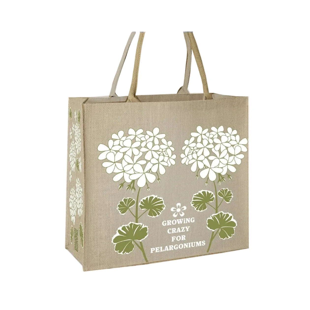 Botanical tote bag with white pelargonium flowers and green leaves, ideal for garden lovers.