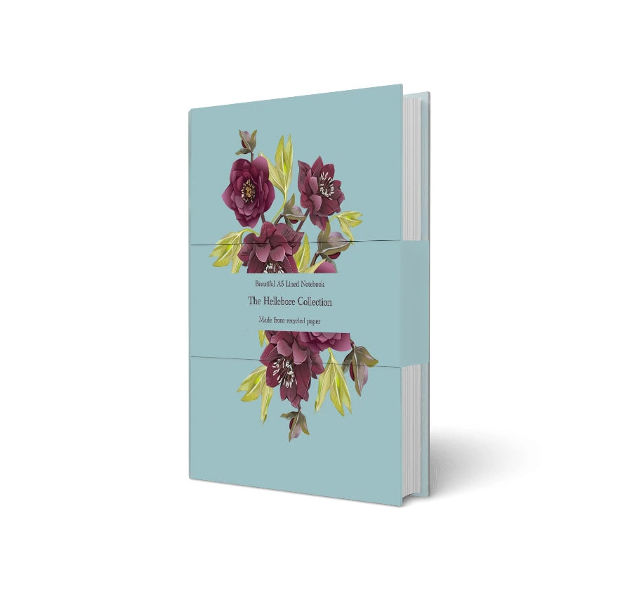 A5 lined notebook with hellebore floral design, recycled paper, The Hellebore Collection
