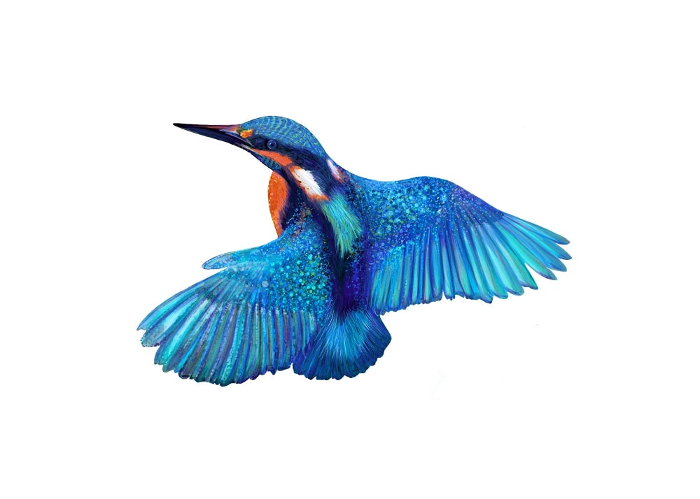 Vibrant blue kingfisher in flight, detailed wildlife illustration with sparkling feathers