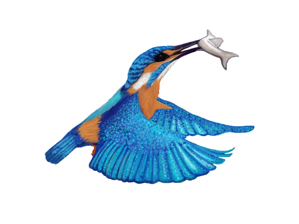 Vibrant blue kingfisher in flight holding a fish, wildlife digital illustration