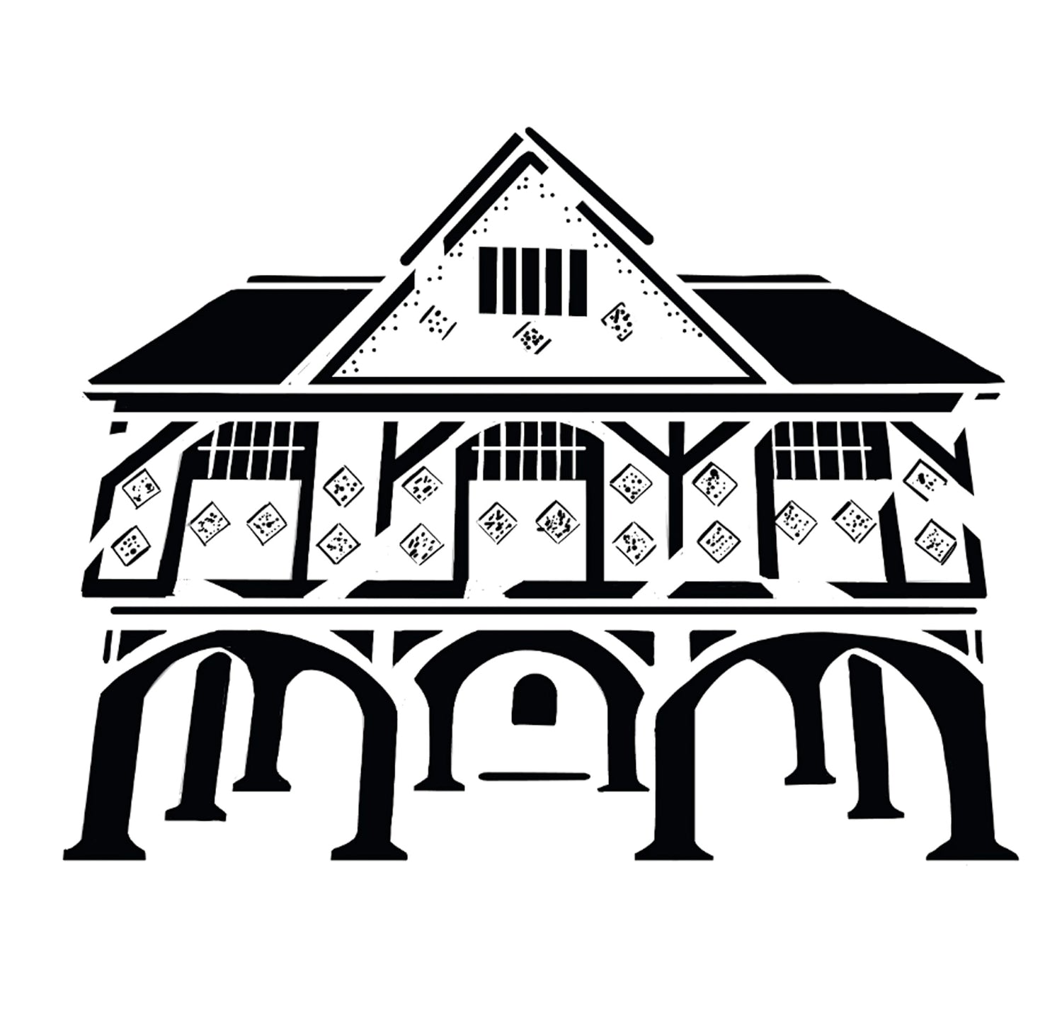 Stylized black-and-white illustration of a traditional half-timbered house with decorative patterns.