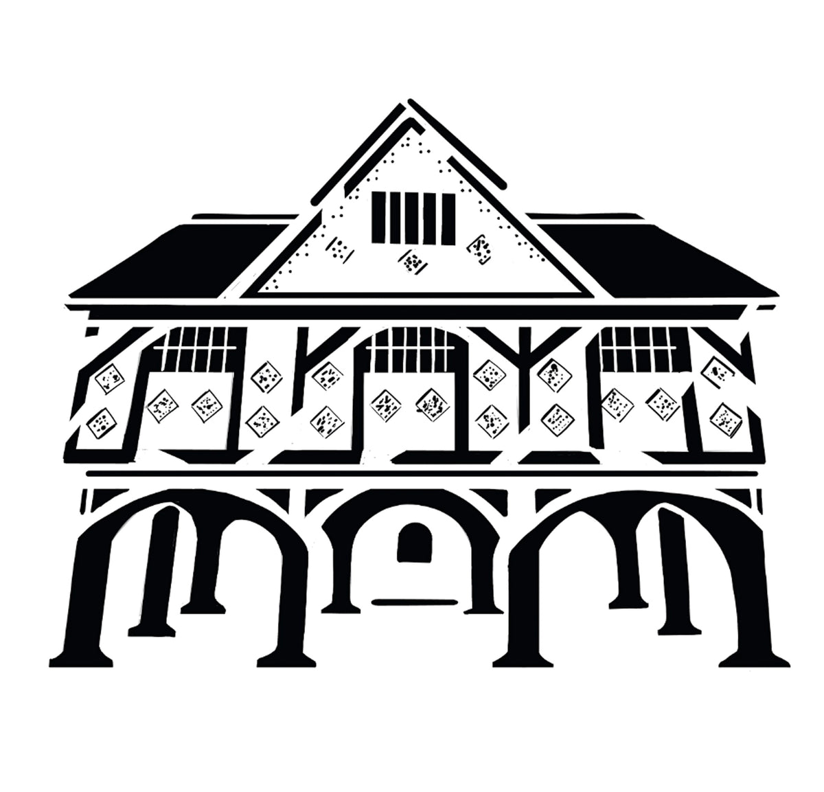 Stylized black-and-white illustration of a traditional half-timbered house with decorative patterns.