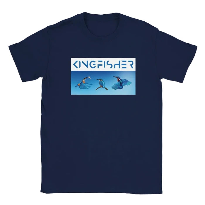 A navy blue short-sleeve t-shirt with a graphic print on the chest. The graphic features the word 'KINGFISHER' in stylized blue letters above an illustration of three blue kingfishers flying against a light blue background.