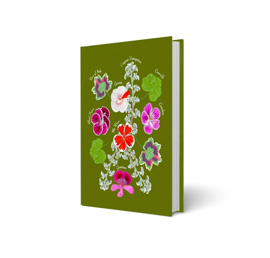 Vibrant botanical illustration notebook with colorful flowers and labeled varieties on olive green cover
