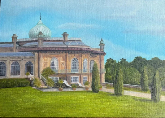 A painted scene of a large classical-style mansion with a green dome, set in a manicured lawn with tall cypress trees under a blue sky.