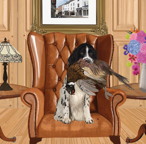 Dog with a bird on a brown leather armchair in a room with wooden walls and a lamp.