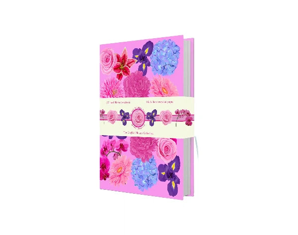 A floral notebook or journal with a pink cover, decorated with watercolor-style flowers in pink, purple, and blue. A cream-colored paper band wraps around the middle, featuring butterfly illustrations and the text 'The Butterfly Collection'.