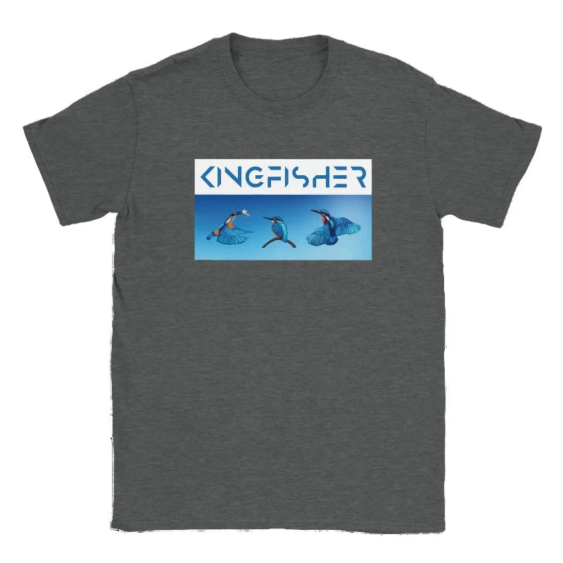 A dark heather gray crewneck t-shirt featuring a rectangular graphic print on the chest. The graphic displays the word 'KINGFISHER' in blue stylized lettering above three blue kingfishers in flight against a light blue background.