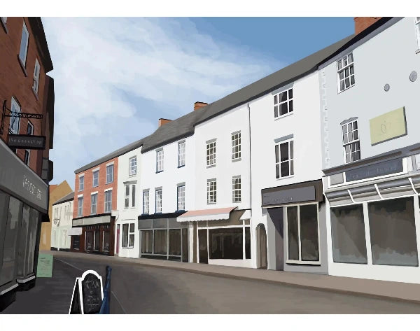 A 3D architectural rendering of a row of commercial shopfronts on a street, featuring white, gray, and brick buildings under a blue sky.