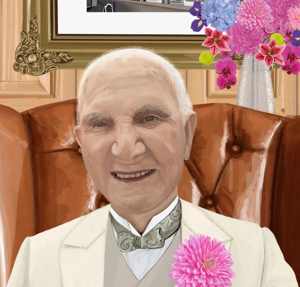 Elderly man in white suit with pink flower, seated in leather chair, floral artwork background