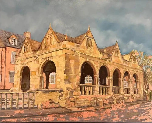 An oil painting depicting a historic stone building with arches and gabled roofs under a cloudy sky, rendered in warm ochre, brown, and gray tones.