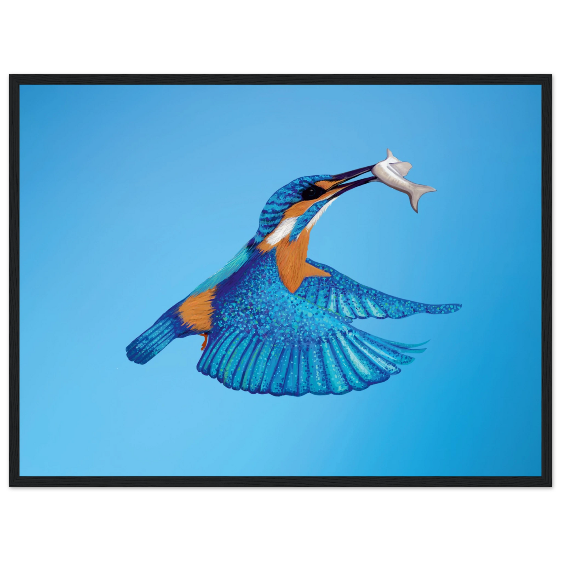 Vibrant kingfisher in flight with fish, blue sky artwork