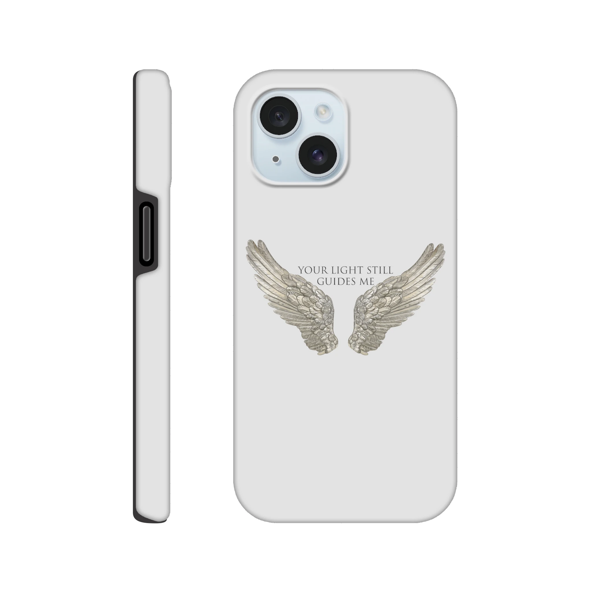 White phone case with angel wings design and 'Your Light Still Guides Me' text, artistic and inspirational.