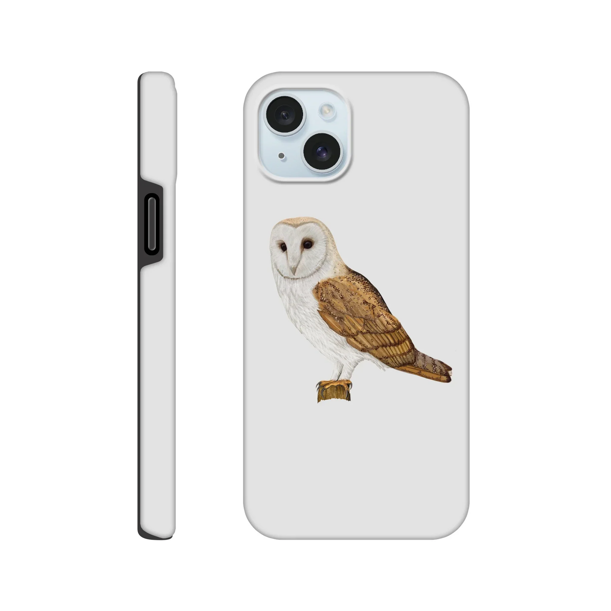 White iPhone case with detailed barn owl illustration, wildlife art design for phone protection