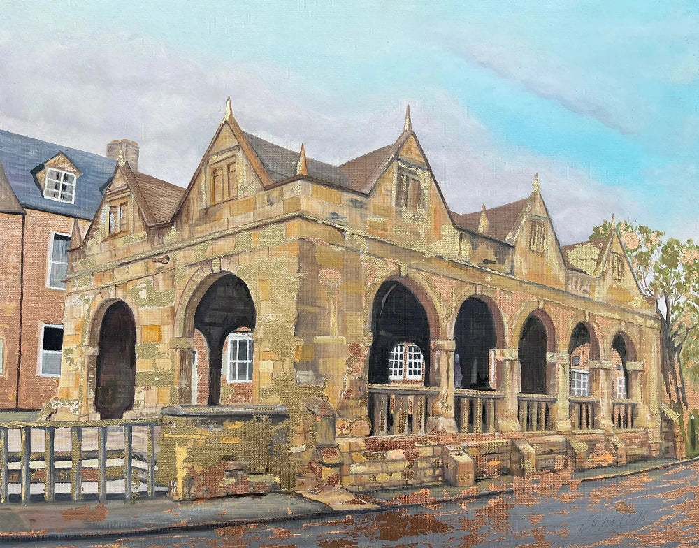 An oil painting of a historic stone building with arched openings, gabled rooflines, and a wet street in the foreground under a blue sky.