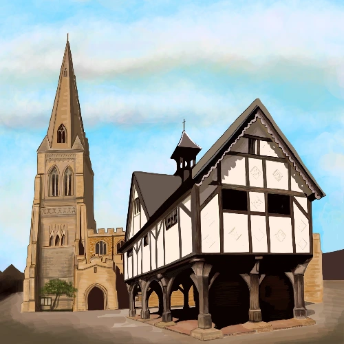 Tudor-style timber-framed building beside a stone church tower under a blue sky