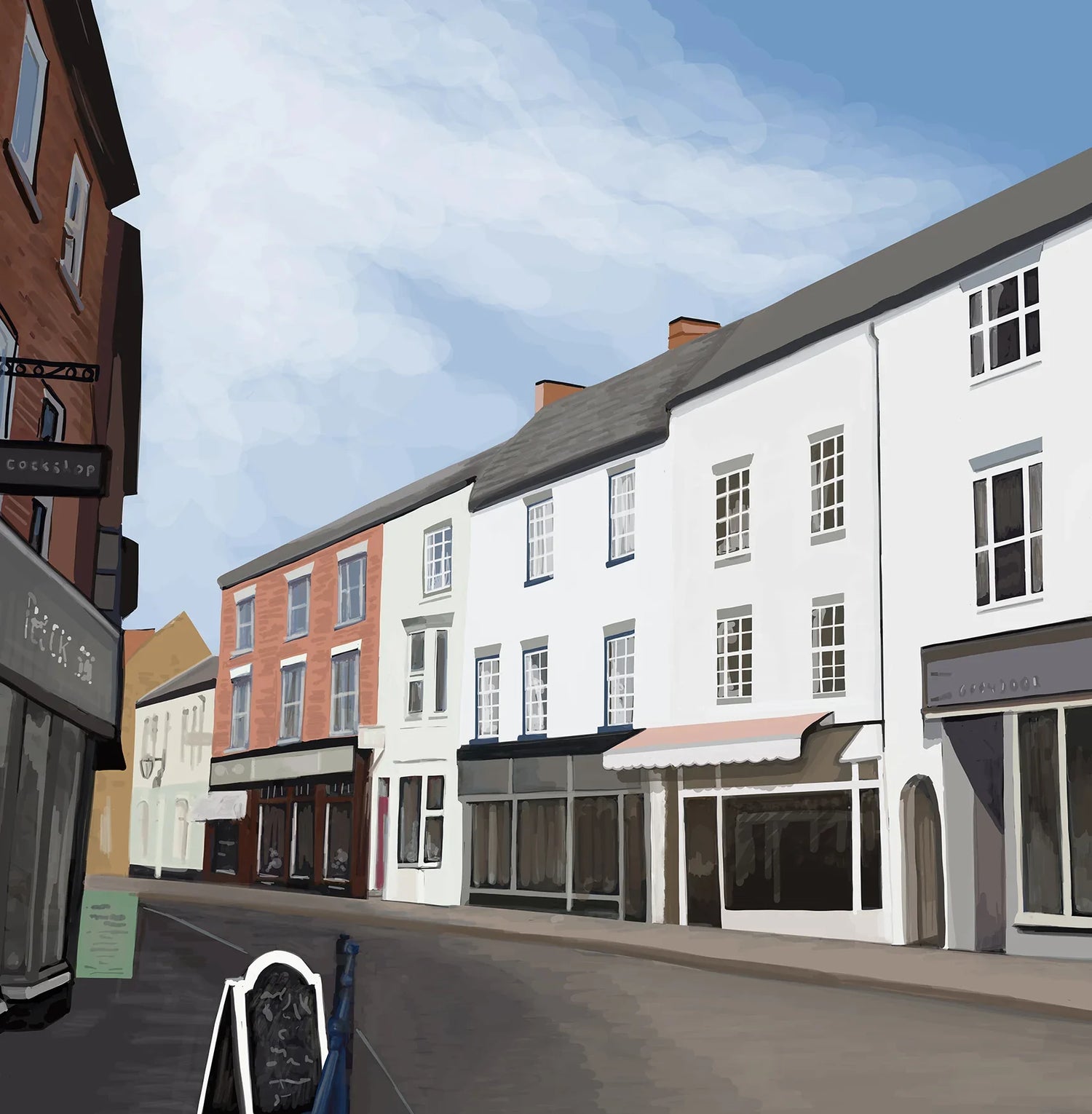 Charming UK high street scene with colorful shopfronts and blue sky, digital illustration art