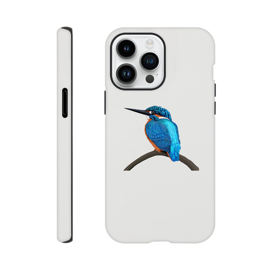 White iPhone case with vibrant kingfisher bird illustration perched on branch, wildlife art design