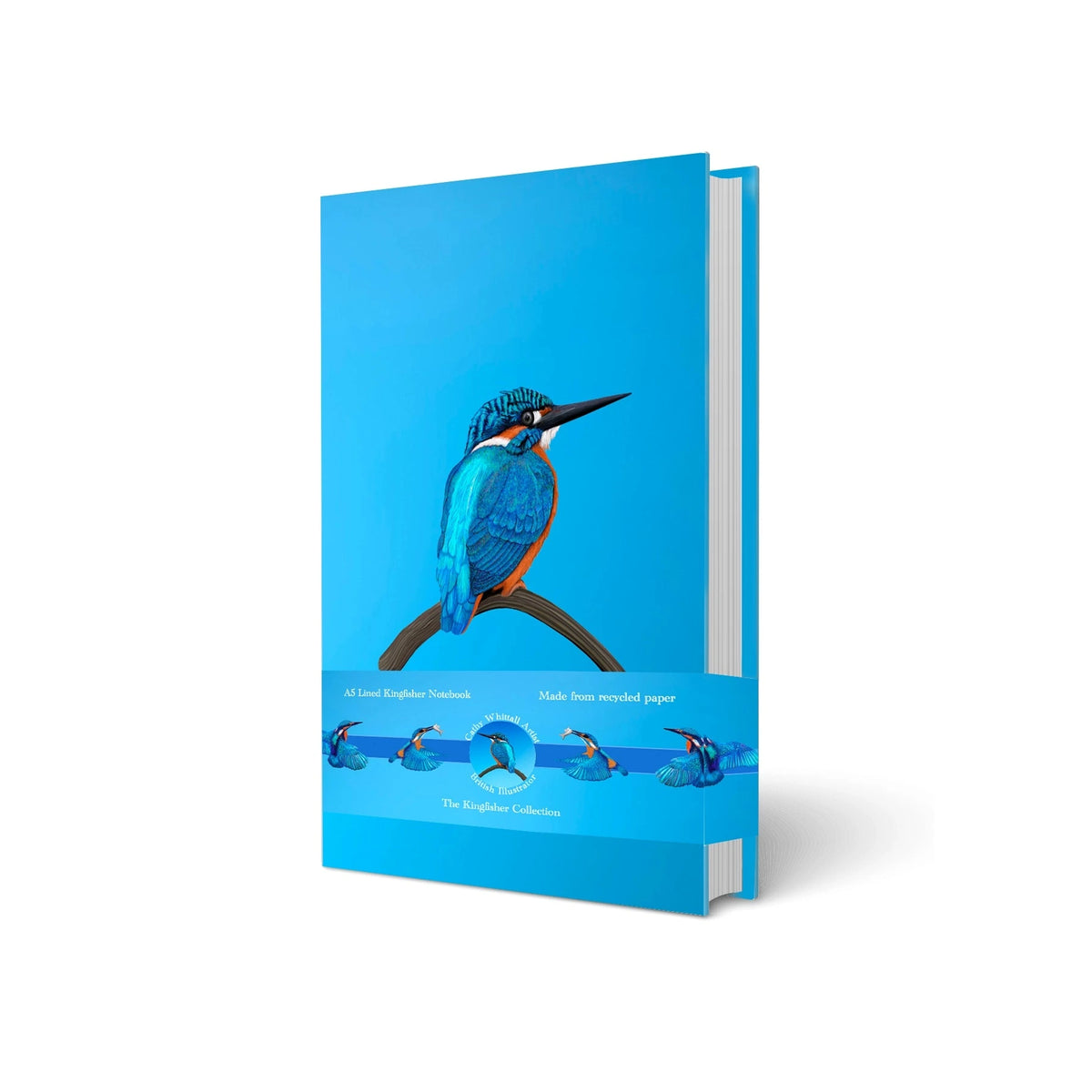 A5 lined kingfisher notebook with vibrant blue bird illustration, recycled paper, by British illustrator