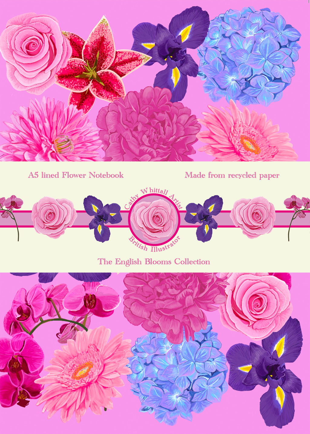 A5 floral notebook illustrated by Cathy Whittall and made from recycled paper