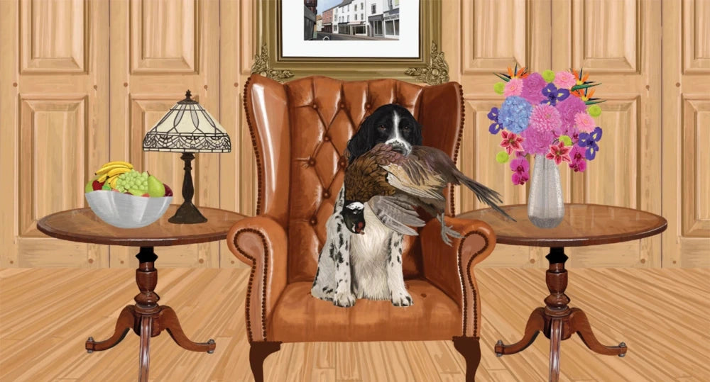 Spaniel dog holding pheasant in leather armchair, floral bouquet and fruit bowl side tables, vintage interior art