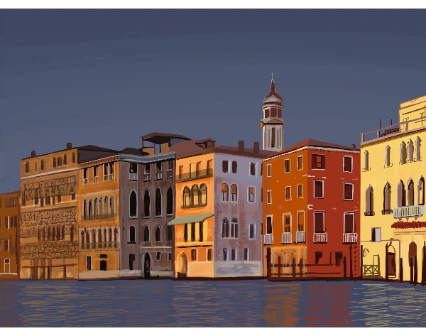 A stylized Venice canal scene artwork showing a row of colorful buildings along the water under a deep blue evening sky, with reflections in the water.