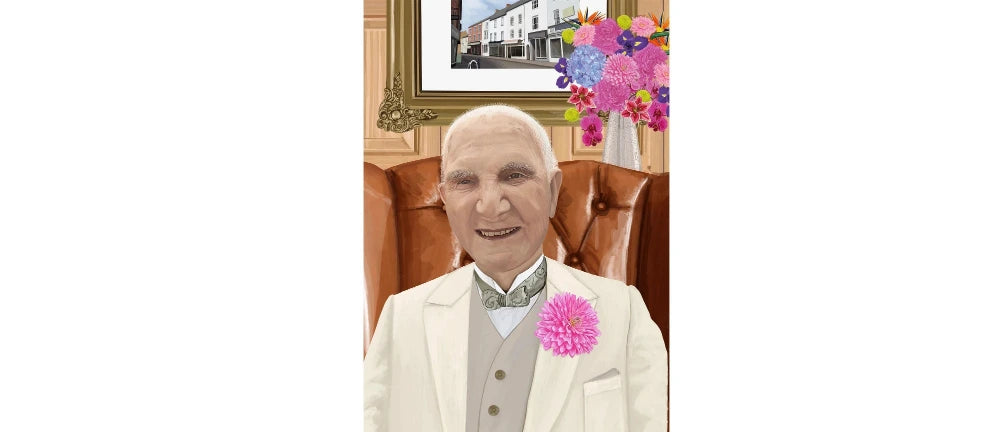 Elderly gentleman in white suit with pink flower, seated in leather chair, floral bouquet nearby